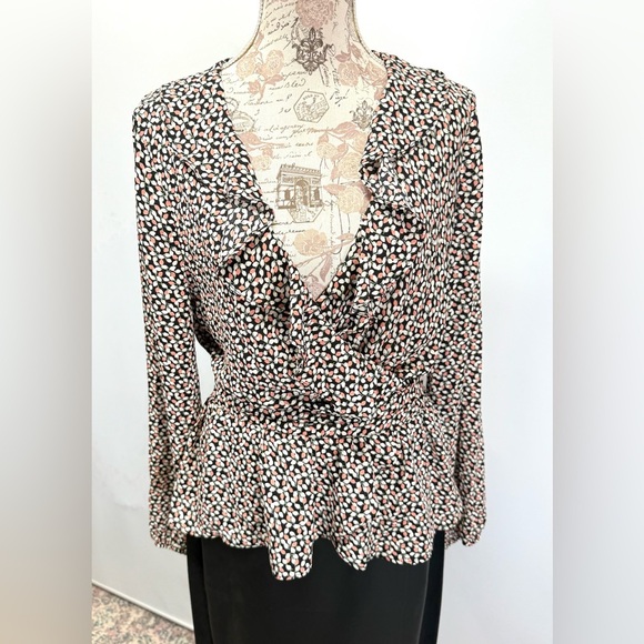 MAX STUDIO Black pink white floral print surplice tie waist top size L - Picture 8 of 13